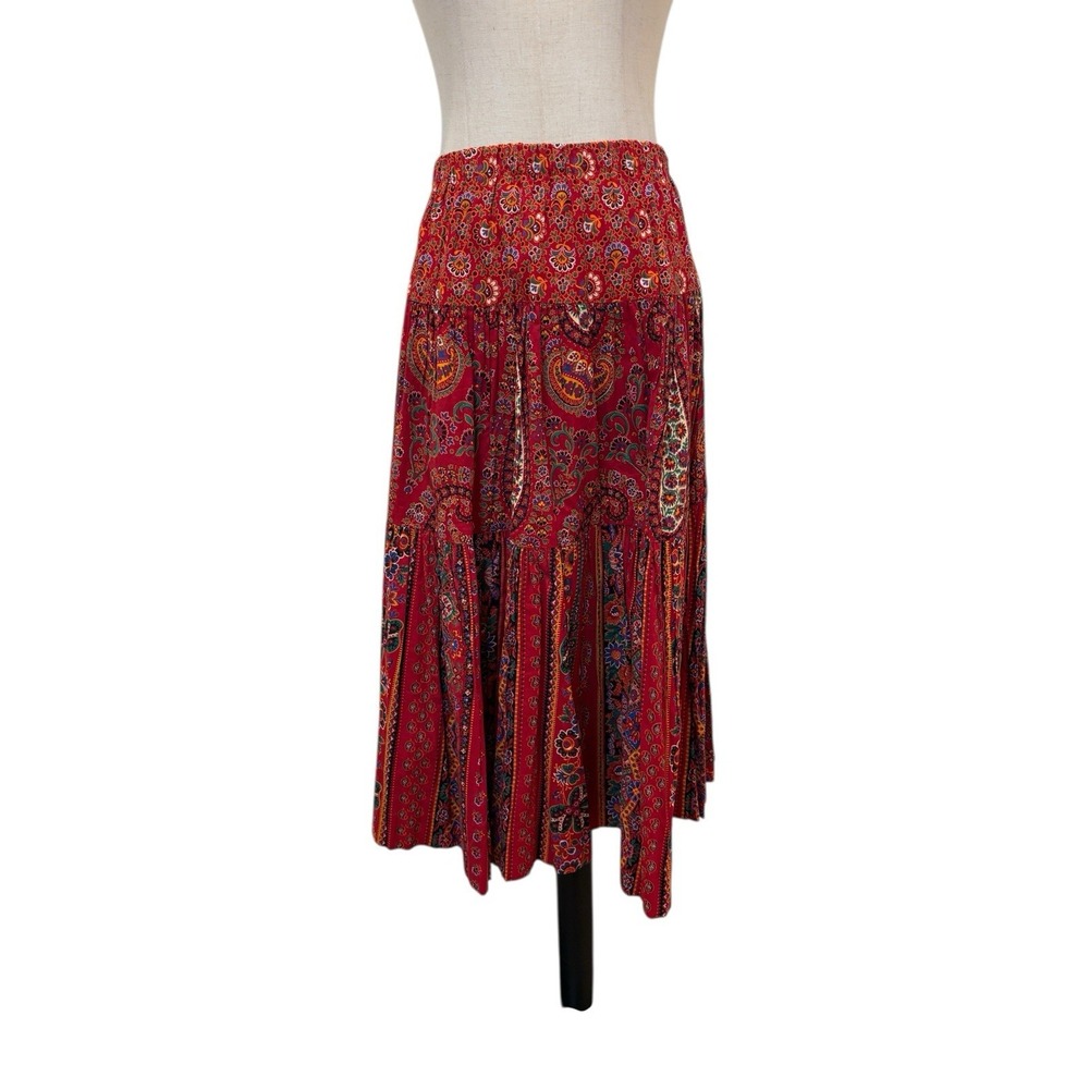 Vtg 70s Red Paisley Tired Midi Skirt Cotton Boho Praire Western Sz M Cottagecore